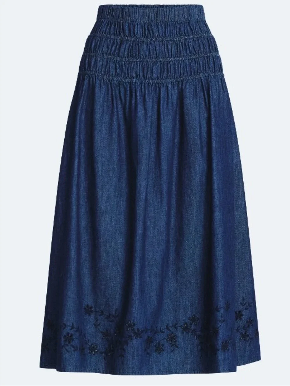 Free Assembly 100% Cotton Smocked Navy Long Skirt Floral Embroidery Size XL